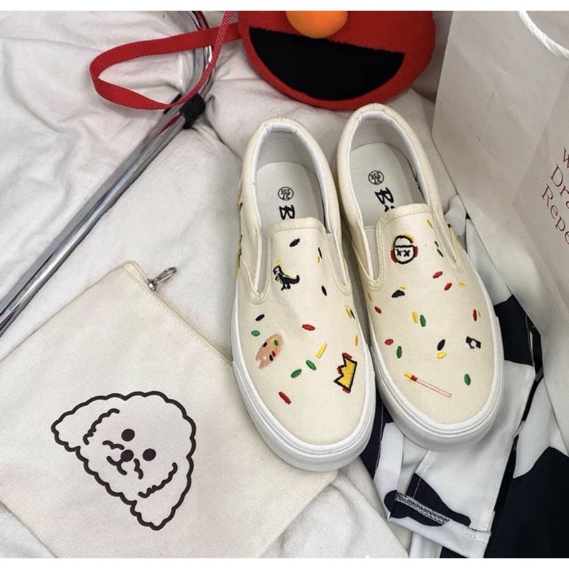 [Ord] Giày Vans Slip On Thêu Độc Đáo Ulzzang Hàn Quốc Màu Trắng Kem