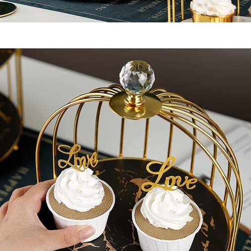 Khay bánh lồng chim đĩa sứ vân đá vàng mạ chrome trưng bày, trang trí bàn tiệc