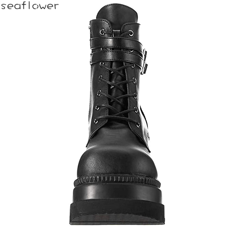 Giày Bốt Mũi Tròn Đế Dày Cột Dây Chống Thấm Nước Thời Trang Cho Nữ