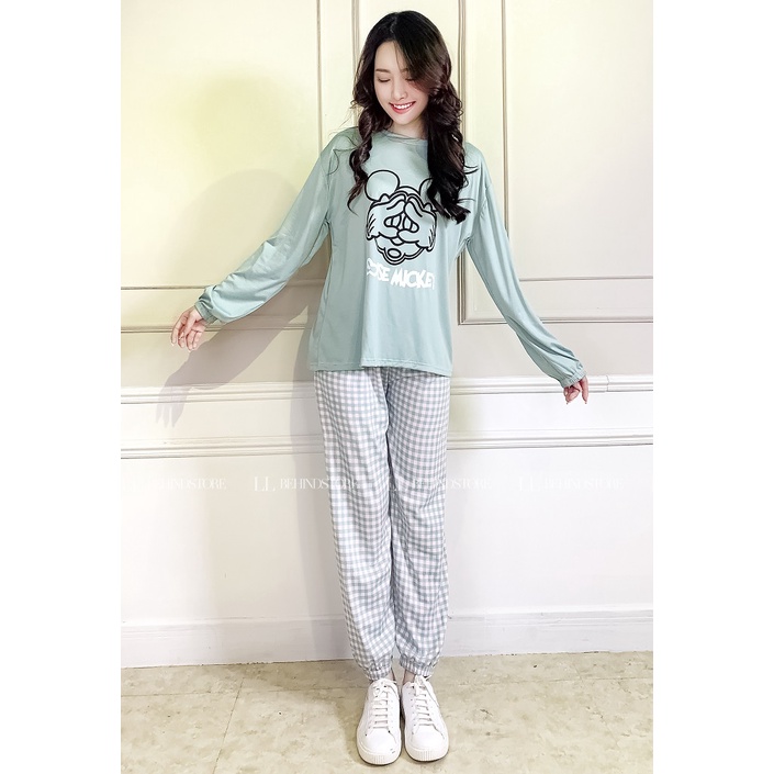 Bộ ngủ nữ dài tay thu đông cotton họa tiết cute dáng rộng chất vải mềm mại LL Behind Store - Sq021 | BigBuy360 - bigbuy360.vn
