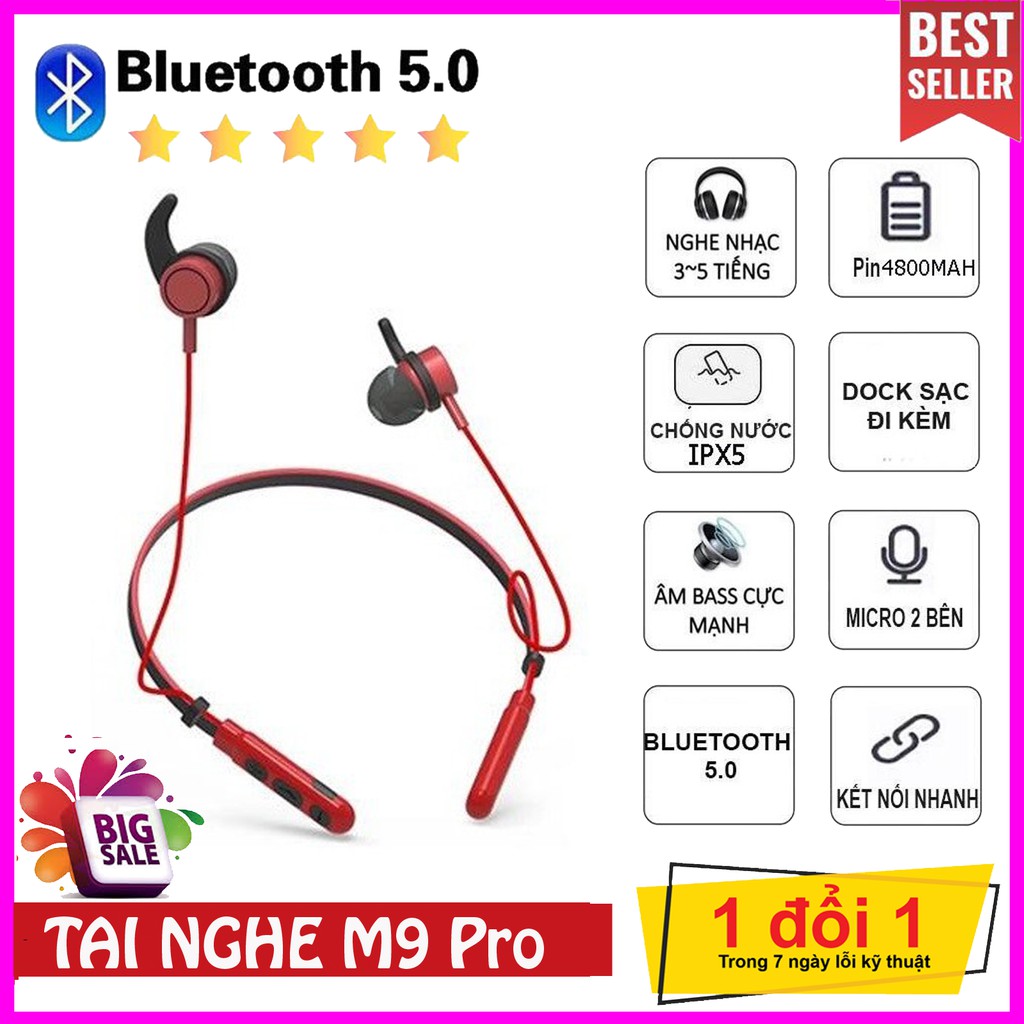 Tai nghe bluetooth Relax 4.2 thể thao có dây đeo cổ M9 tích hợp Mic đàm thoại💥SIÊU HOT💥