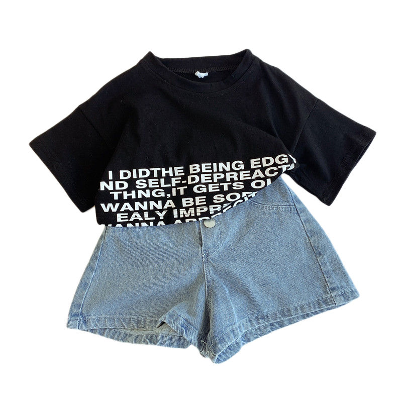 【11.11】【00:00-01:00】Bộ áo thun tay ngắn + quần short jean phong cách thời trang cho bé gái