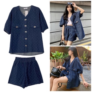 [Hàng có sẵn] Set denim áo khoác phối quần lưng chun ống rộng phong cách thời trang nữ