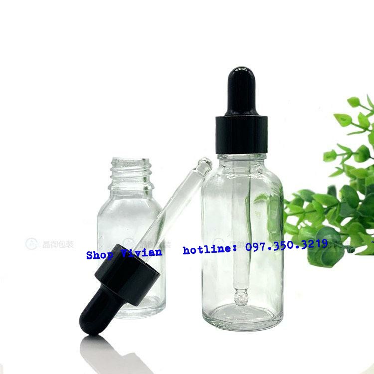 Chai Lọ Đựng Tinh Dầu, serum 10ml, thân thủy tinh trong suốt nắp bóp đen bóng