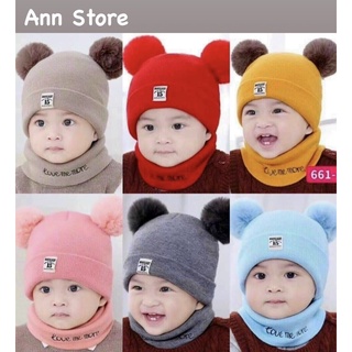 Set mũ kèm khăn 2 quả bông siêu ấm cho bé