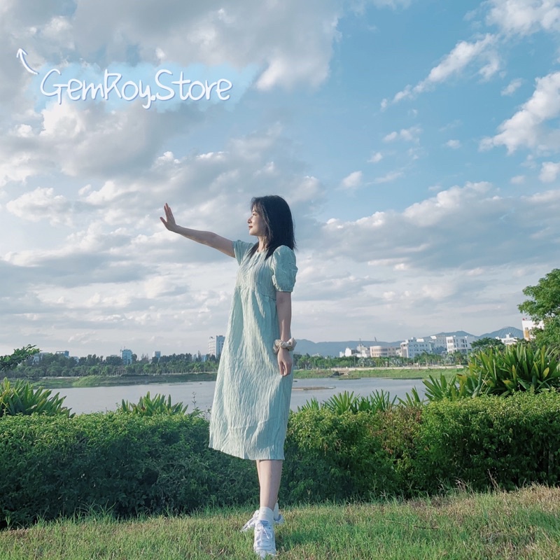Váy Babydoll cổ tròn tay phồng xanh ngọc Xanh Mint hàng đẹp Đầm suông dáng dài phong cách Hàn quốc dành cho nữ