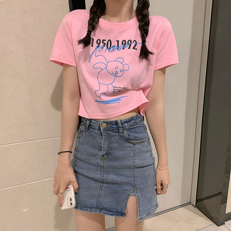 Áo Thun Croptop Ngắn Tay In Hình Gấu Đáng Yêu Phong Cách Hàn Quốc Cho Nữ