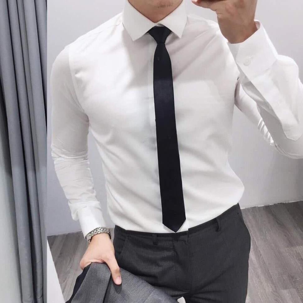 Áo sơ mi trắng nam dài tay cổ bẻ chất liệu lụa hàn kiểu dáng hàn quốc ôm body đuôi tôm slimfit