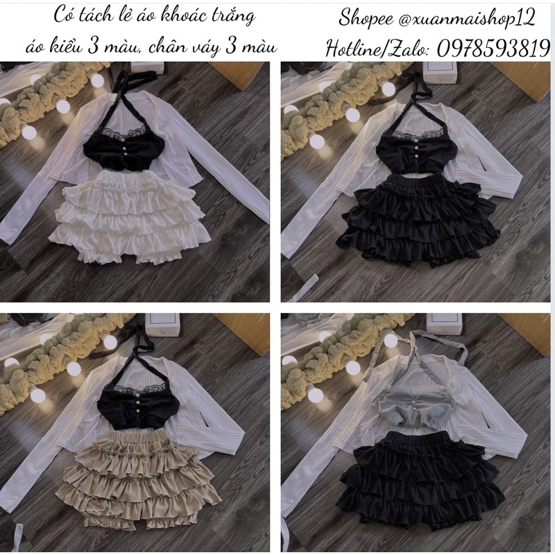 Set bán lẻ từng món áo khoác + áo croptop yếm cột cổ nút ngọc + quần ống bí giả váy có cả set