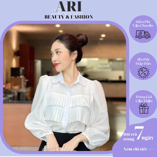 Áo sơ mi kiểu nữ lanh Nhật mát. Sơ mi công sở tay dài nữ trắng chạy bèo ngang ngực
