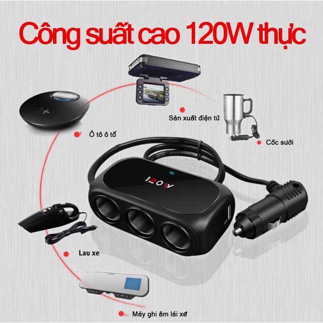 Bộ Chia Cổng Sạc Ôtô đa năng, 3 Tẩu Sạc, 2 Cổng USB