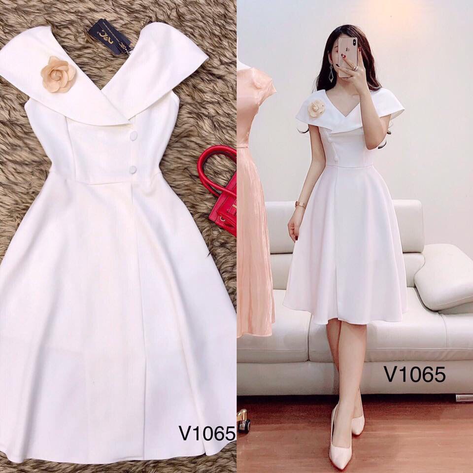 Váy xòe đầm nữ dự tiệc freesize chất kate lụa cổ bèo đính hoa Kimhoa77