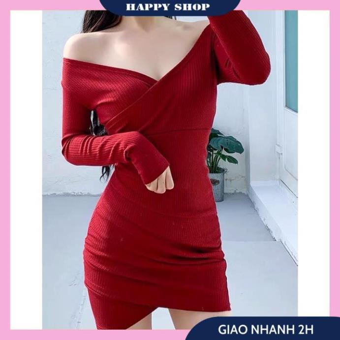 Váy Ôm Body Đỏ, Đầm Nữ Trễ Vai Tay Dài Đắp Chéo Chất Len Tăm Dày Dặn, Váy Thiết Kế Tôn Dáng Siêu Xinh Cho Nữ. | BigBuy360 - bigbuy360.vn