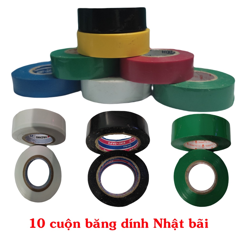 1 cây 10 cuộn băng dính điện màu Nhật bãi chất lượng, chất keo dính, giá rẻ