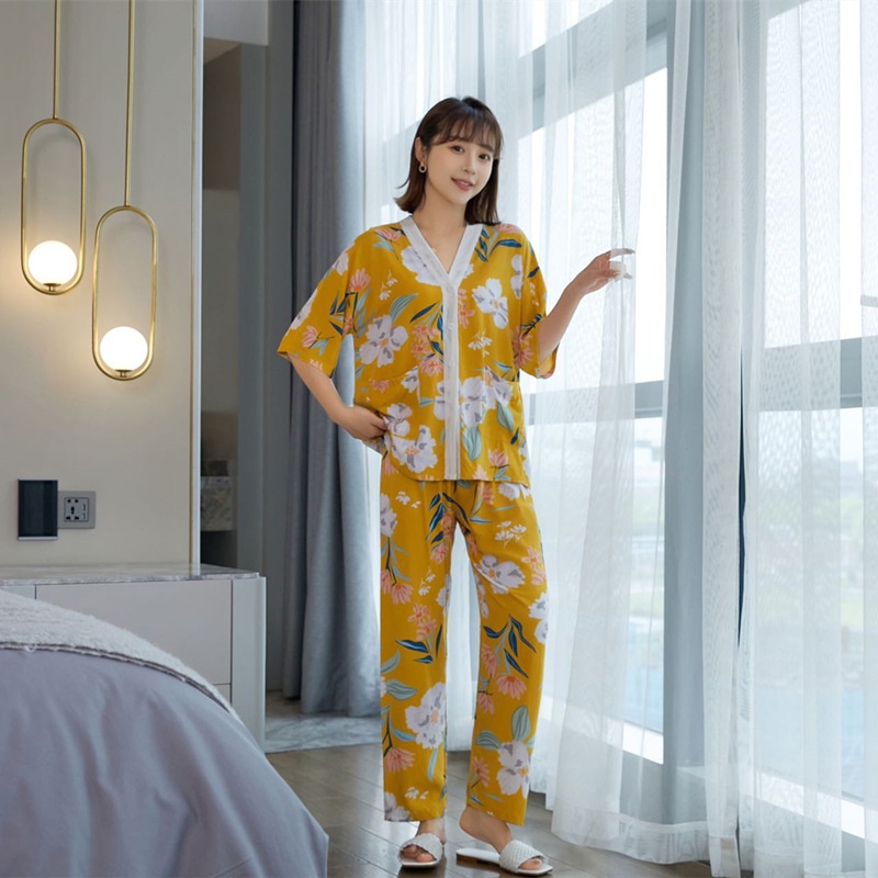 Bộ Đồ Ngủ Cotton Tay Ngắn Cổ Chữ V Dáng Rộng Thời Trang Mùa Hè Xinh Xắn Cho Nữ