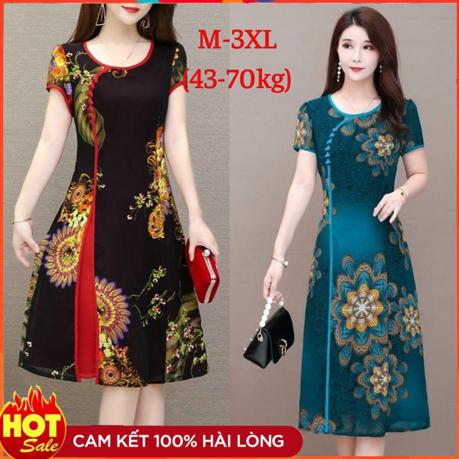 Đầm Trung Niên Big Size Giấu Bụng D510, Kiểu Đầm Suông Chữ A In Hoa Cổ Tàu Xéo - Size M-4XL | Thời trang Trung Niên