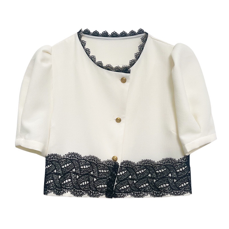 Áo kiểu SUXI ngắn tay phối ren màu sắc đơn giản phong cách Hàn Quốc