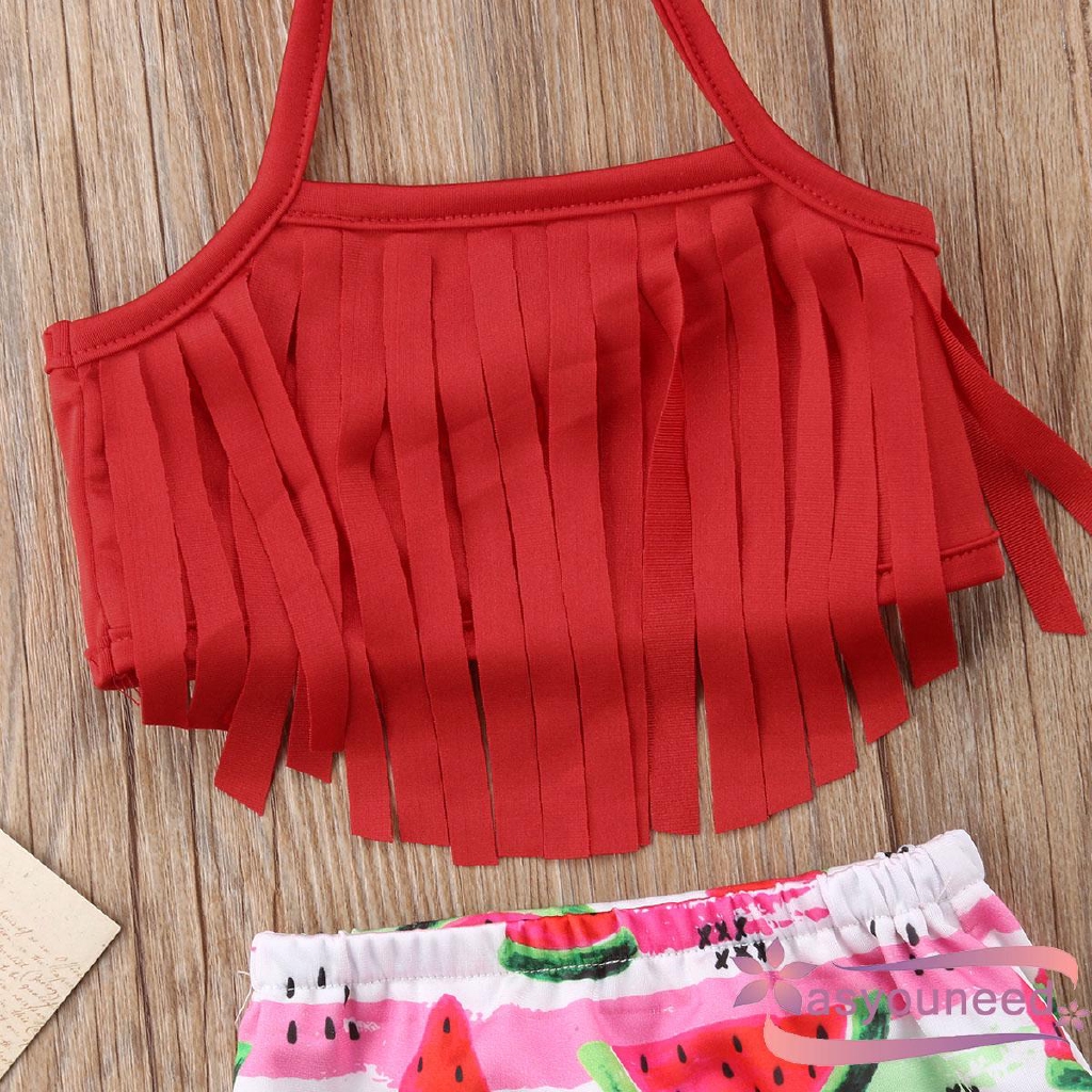 Set bikini 2 mảnh kèm băng đô vải in hình dưa hấu dễ thương xinh xắn cho bé gái