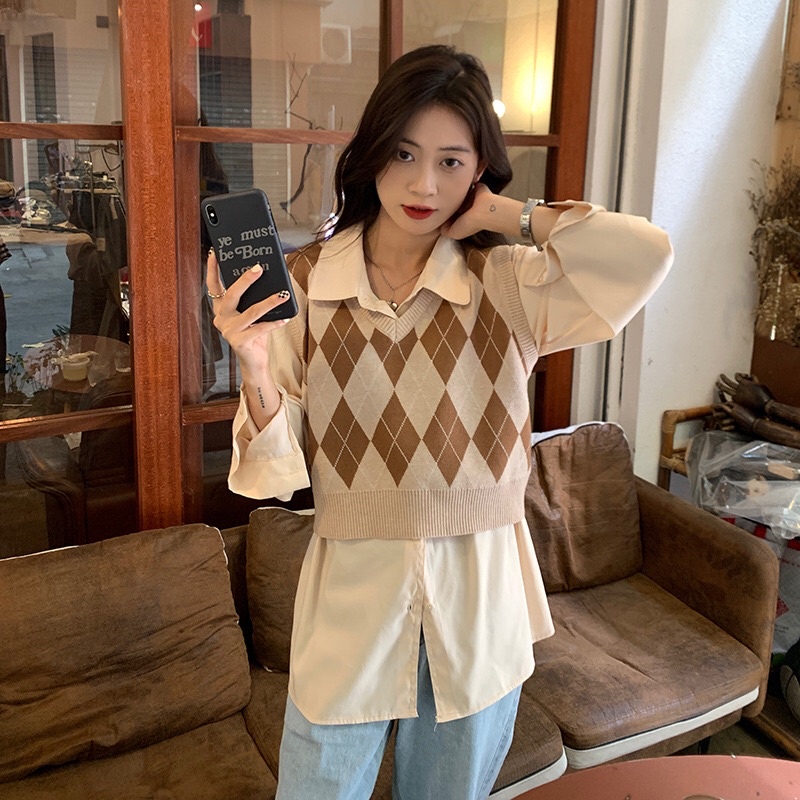 Áo gi-lê hình thoi 2 màu không tay cực xinh