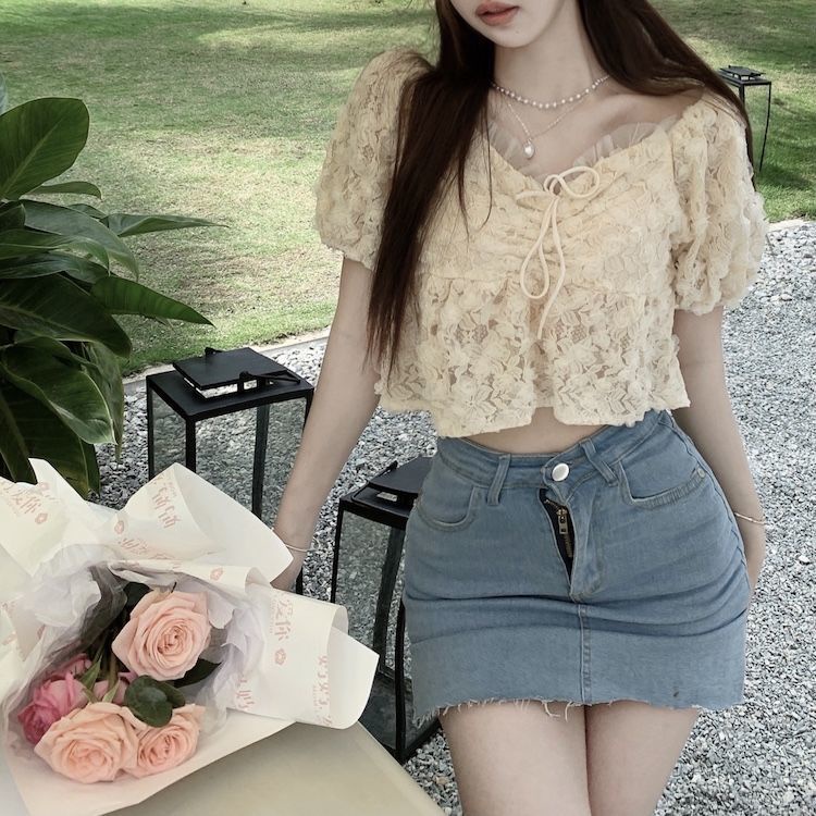 Áo kiểu Pure Cube tay phồng họa tiết hoa hồng phong cách retro dành cho nữ