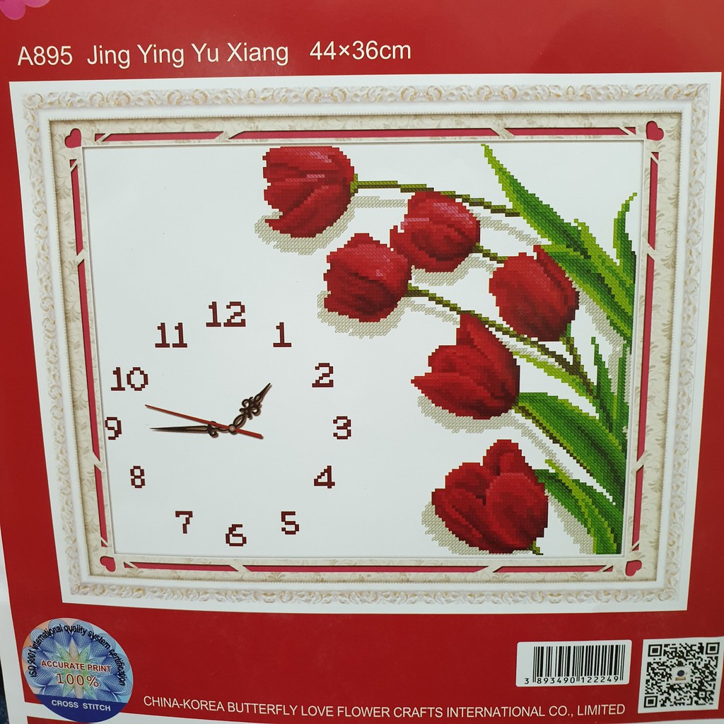 Tranh Thêu Chữ Thập ĐỒNG HỒ HOA TULIP. Kích Thước: 44cm x 36cm