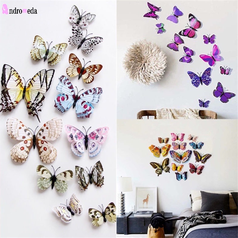 Set 12 Miếng Dán Tường Trang Trí Hình Bướm 3D Hai Lớp Hít Nam Châm Có Thể Tháo Rời Trang Trí Nhà Cửa