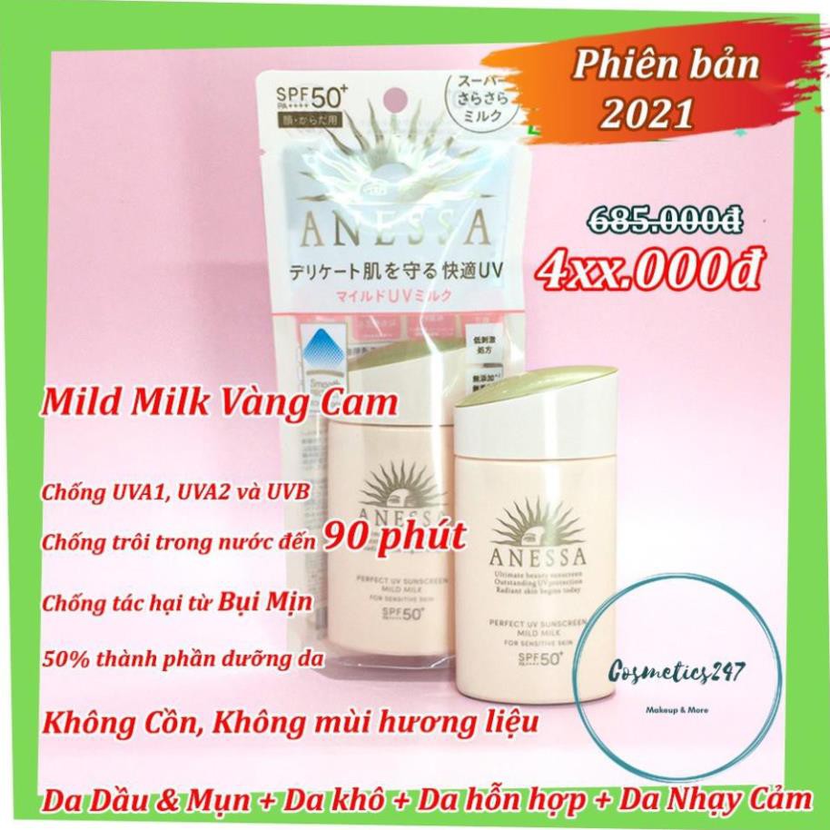 Kem chống nắng Anessa Perfect UV Sunscreen Skincare Milk SPF 50+ PA++ dành cho Da Dầu & Da Dầu Mụn màu vàng  60ml & 20ml