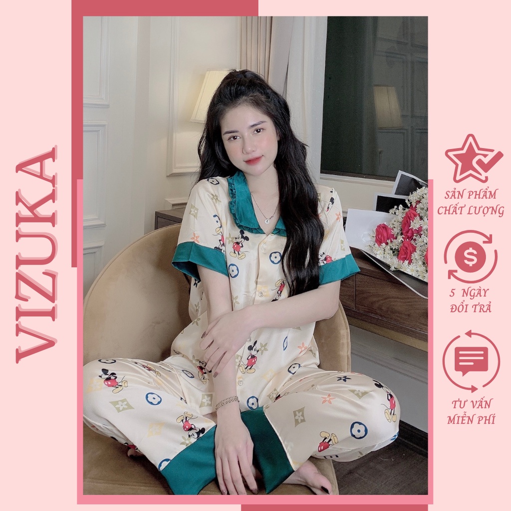 Đồ bộ pijama nữ lụa tay ngắn quần dài mặc nhà dễ thương VIZUKA