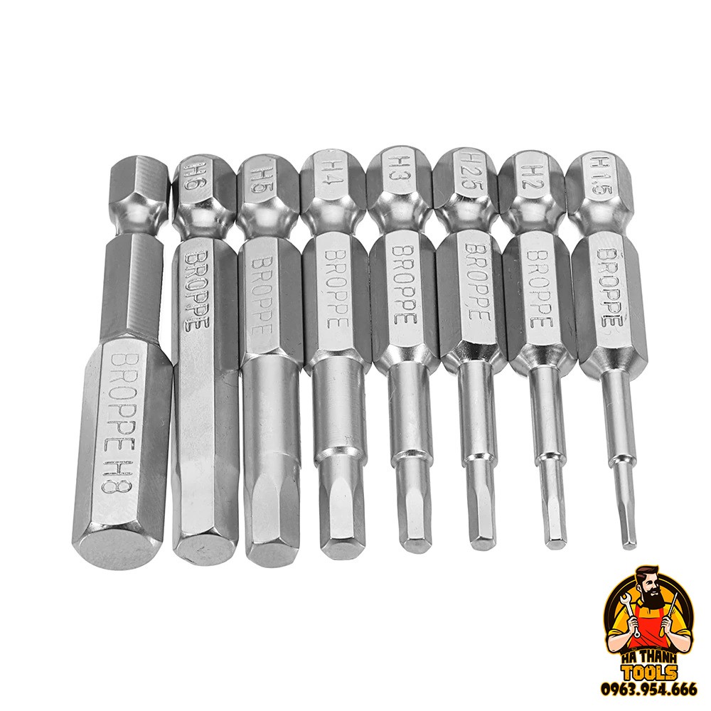 Bộ 8 Mũi Bắn Vít Lục Giác BROPPE 50mm Cho Khoan Pin, Khoan Điện H1.5 - H8