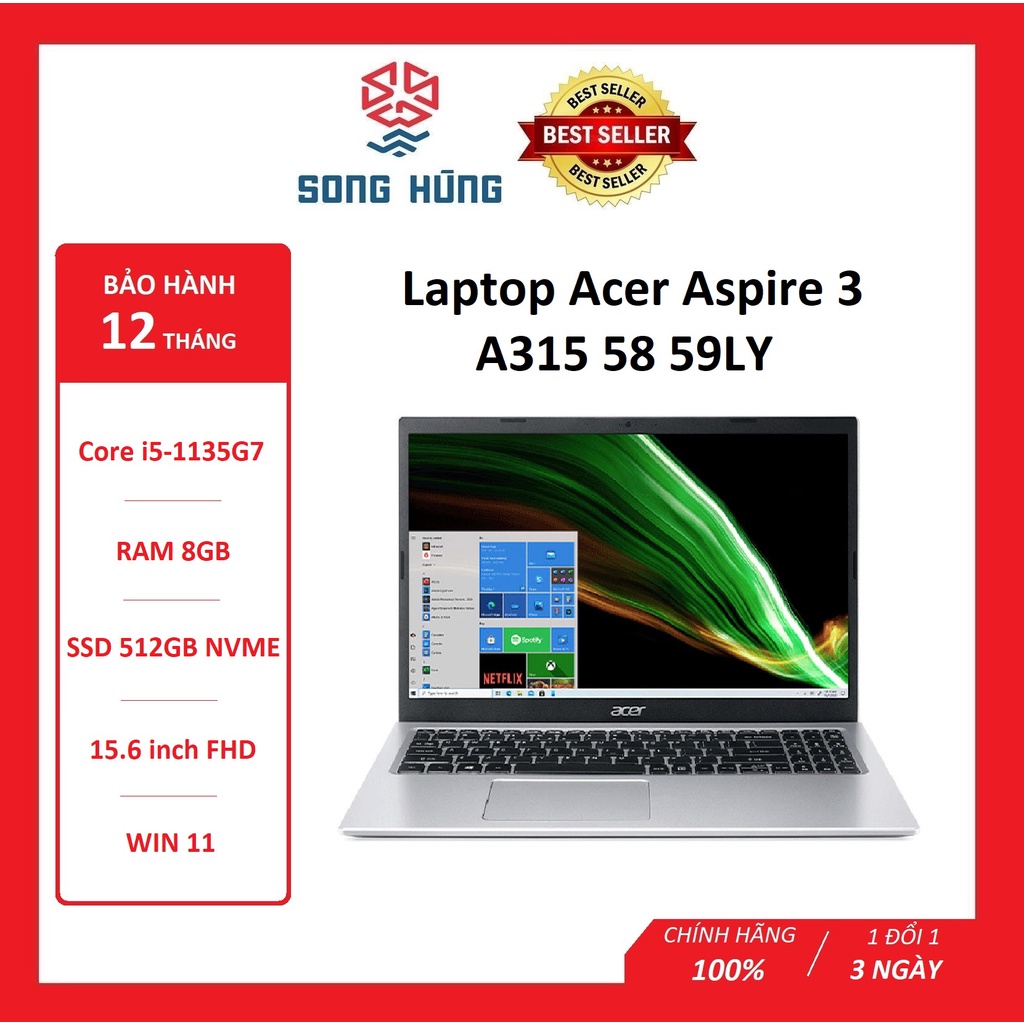 Laptop Acer Aspire 3 A315 58 59LY, laptop học sinh sinh viên văn phòng chính hãng bảo hành 12 tháng