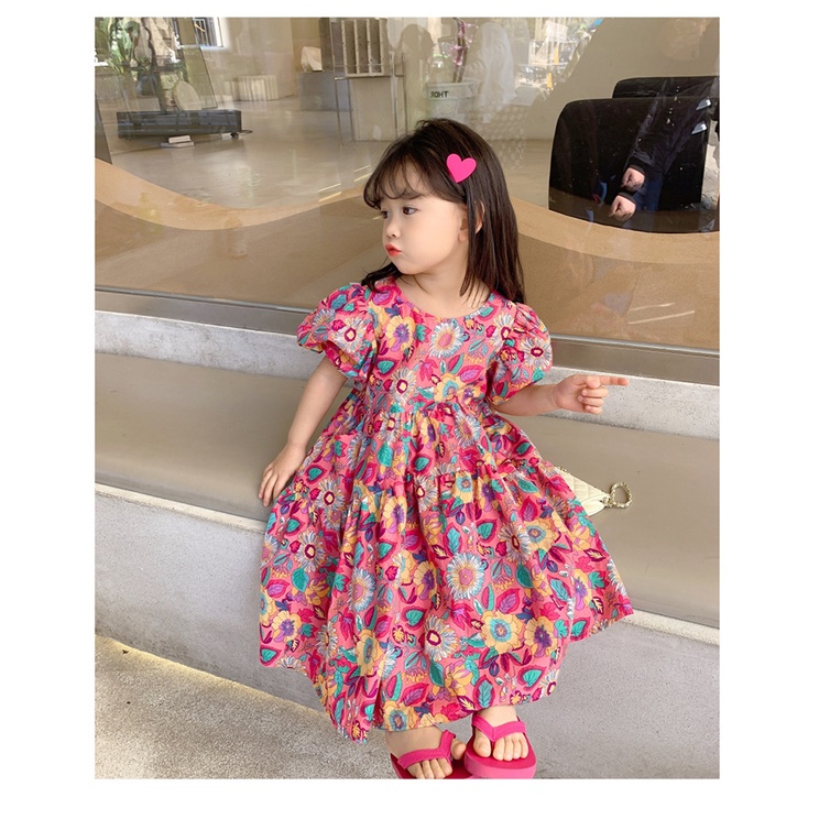 Váy babydoll bé gái họa tiết hoa to tay bồng cực dễ thương