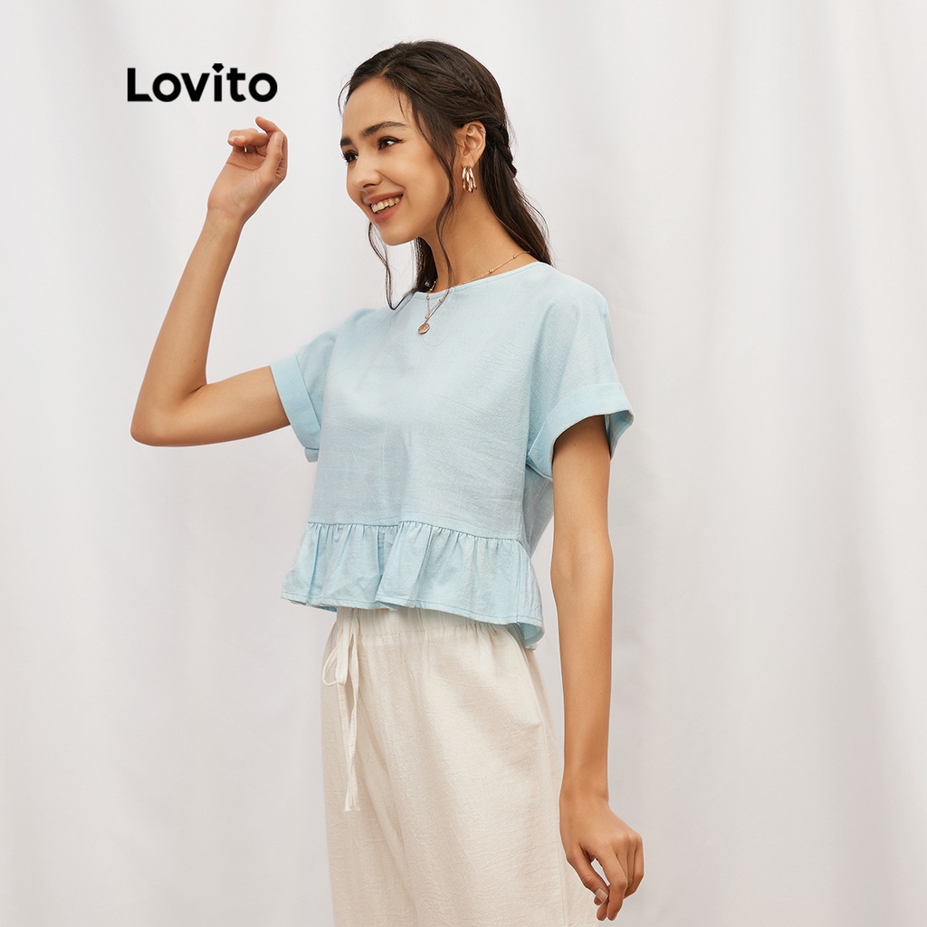 Áo kiểu Lovito viền ren tay ngắn cổ tròn màu trơn đáng yêu L19D093 (Màu xanh dương)