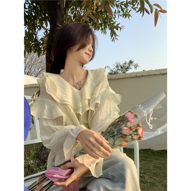 Gentle style v-neck ruffled shirt women's spring  new Korean style loose slimming long-sleeved shirt top Japanese style top 3tye
