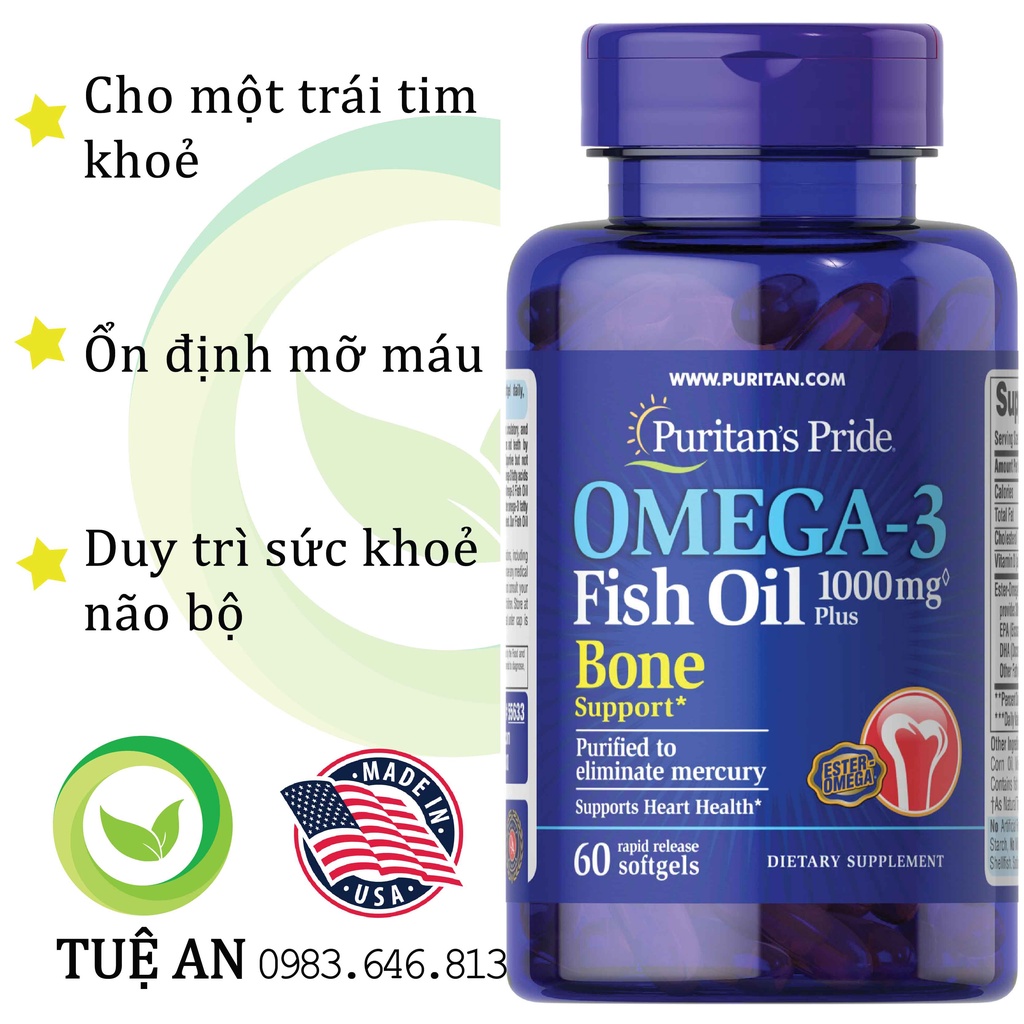 Viên uống dầu cá Omega-3 kết hợp Vitamin D3 hỗ trợ phòng ngừa bệnh tim mạch, loãng xương Puritan's Pride