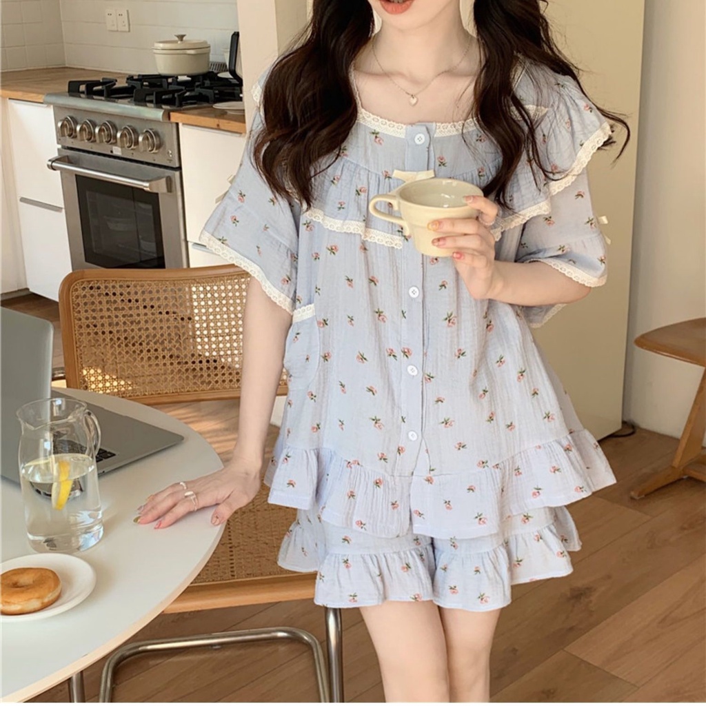 Bộ Đồ Ngủ Tay Ngắn Dáng Rộng In Họa Tiết Hoa Thời Trang Mùa Hè 2022 Phong Cách Mới Cho Nữ