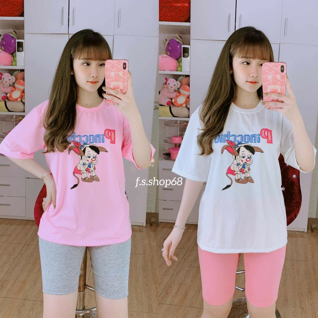 Set Bộ Đồ Nữ Mặc Nhà Dễ Thương Quần Short ngố thun ôm sát + Áo Phông PIOCCHIO Ullzang (Ảnh thật/Có Sẵn)