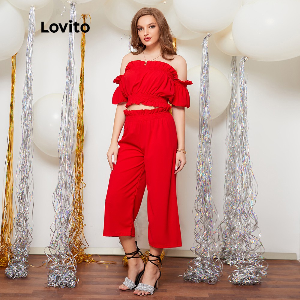 624 DELIST VN Set quần Lovito cạp cao và áo croptop xếp nếp màu trơn thường ngày L08164 (Màu đỏ)