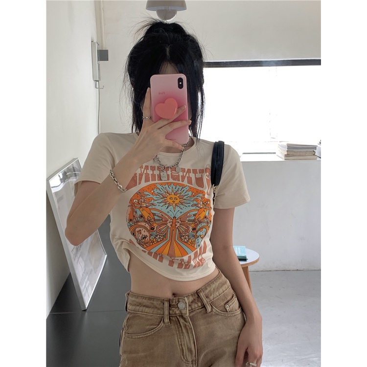 Áo Thun Ngắn Tay In Họa Tiết Phong Cách retro Mỹ Cho Nữ