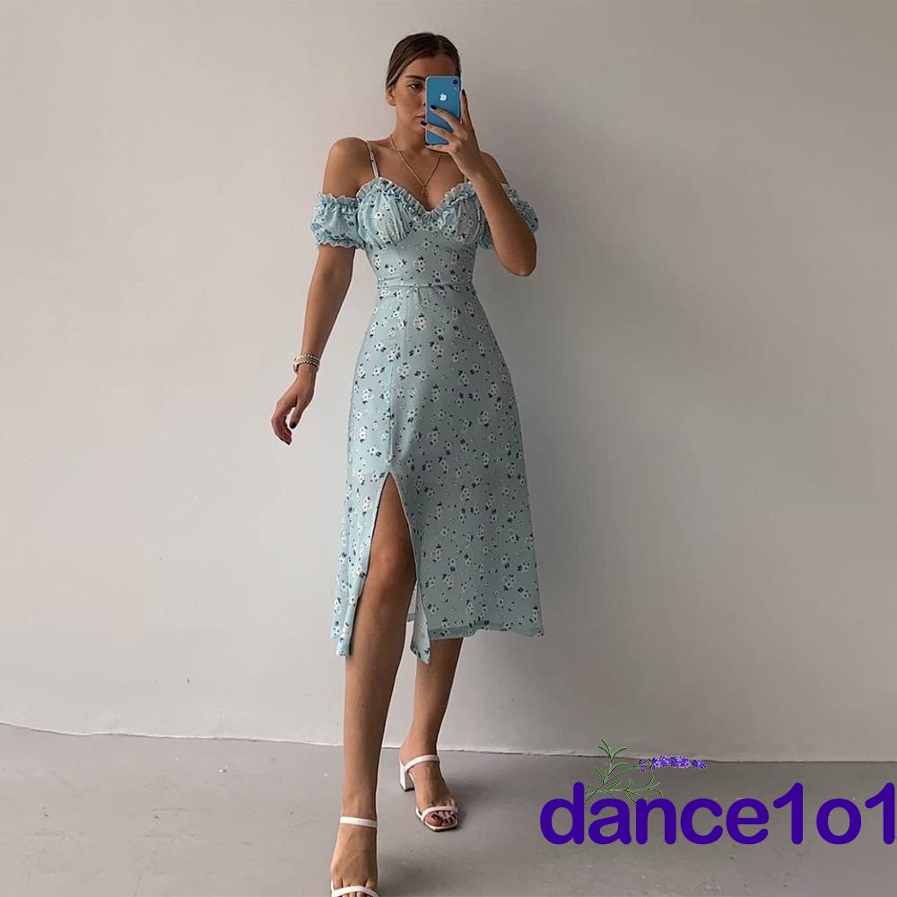 Đầm Hoa Hai Dây Cổ Chữ V Xẻ Tà Thời Trang Cho Nữ