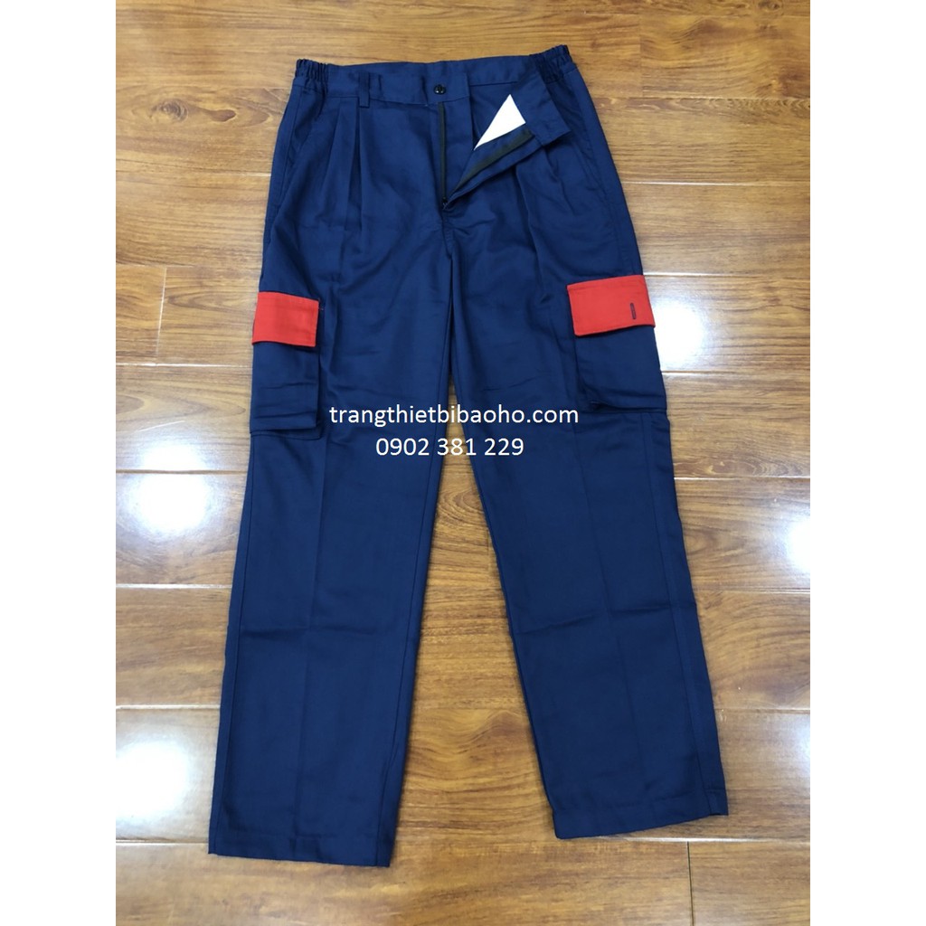 Quần áo bảo hộ vải kaki màu xanh đen phối đỏ quần túi hộp DN14