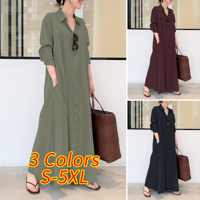 Zanzea Đầm Maxi Cotton Tay Dài Dáng Rộng Màu Trơn Cài Nút Thời Trang Cho Nữ