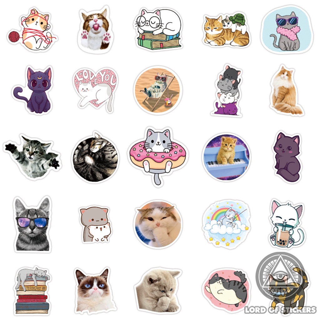 Set 100 Nhãn Dán Mèo Dễ Thương Sticker Cute Phong Cách Hoạt Hình Chống Thấm Nước Trang Trí Mũ Nón Bảo Hiểm, Laptop, Sổ