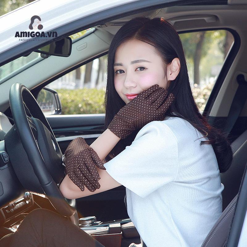 Găng Tay Chống Nắng Bằng Spandex Mỏng Dáng Vuông Họa Tiết Chấm Bi Thời Trang Cho Nữ