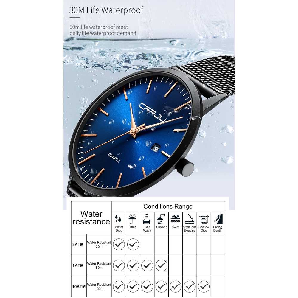Đồng hồ nam CRRJU 2172X thạch anh mỏng chống nước dây bằng inox
