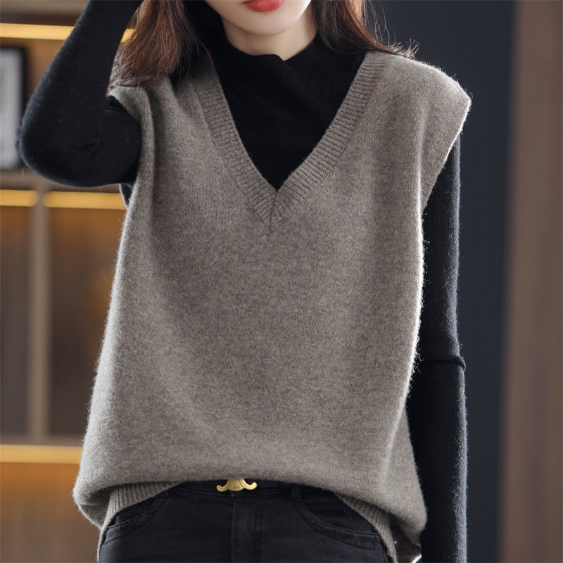 Áo Len Không Tay Cổ Chữ v Dáng Rộng Màu Trơn Phong Cách Retro Thời Trang