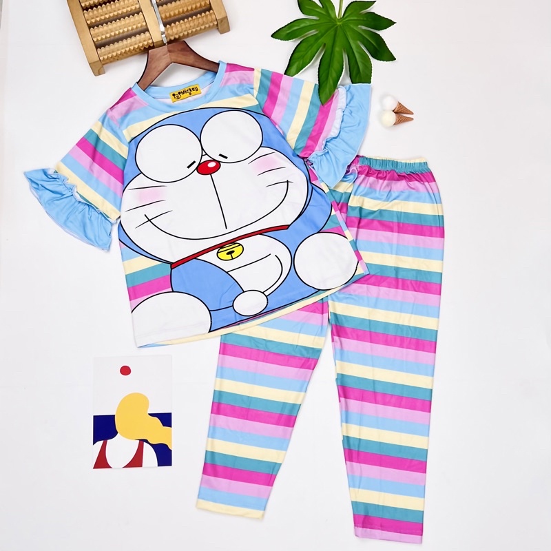 Đồ bộ bé gái size đại vải 3D thun lạnh áo tay ngắn quần dài phối sọc cầu vồng J474