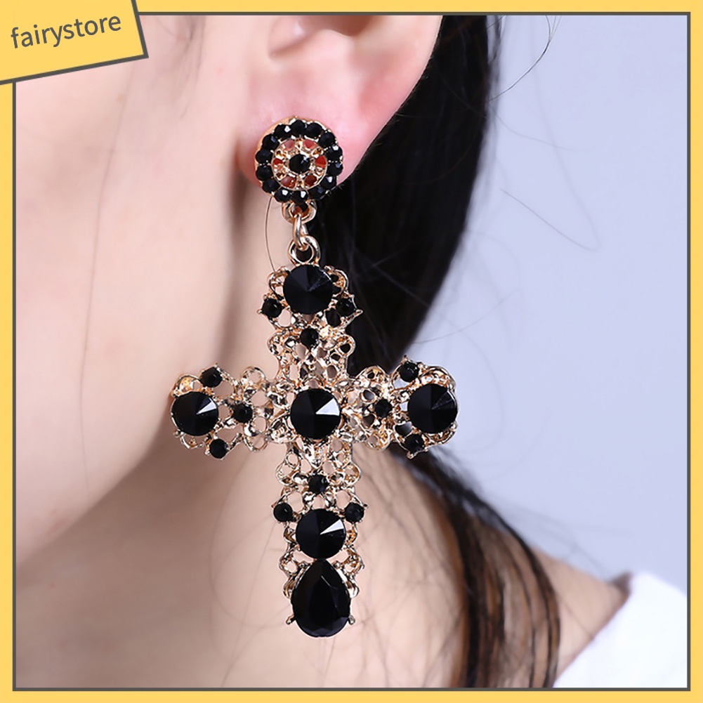 Bông Tai Hình Thánh Giá Đính Đá Phong Cách Cổ Điển