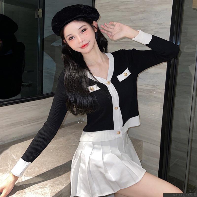 Áo Cardigan Dệt Kim Tay Dài Cổ Chữ V Màu Sắc Tương Phản Phong Cách Retro Hàn Quốc Thời Trang