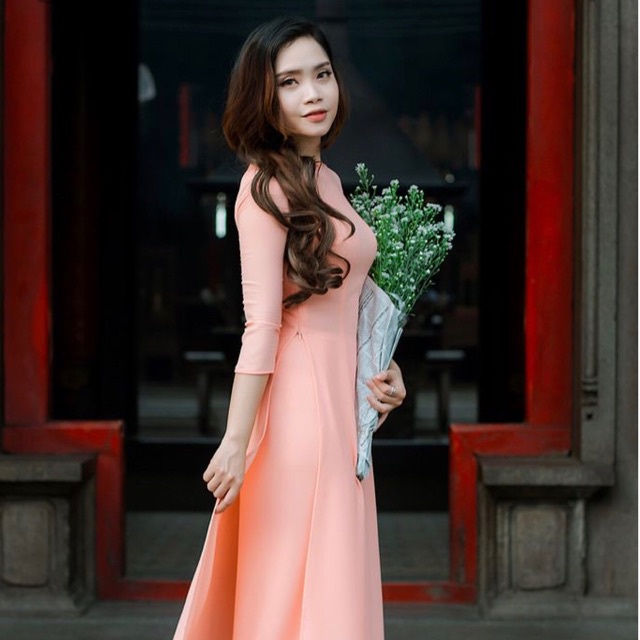 Áo dài màu hồng cam trơn truyền thống may sẵn lụa mỹ cao cấp