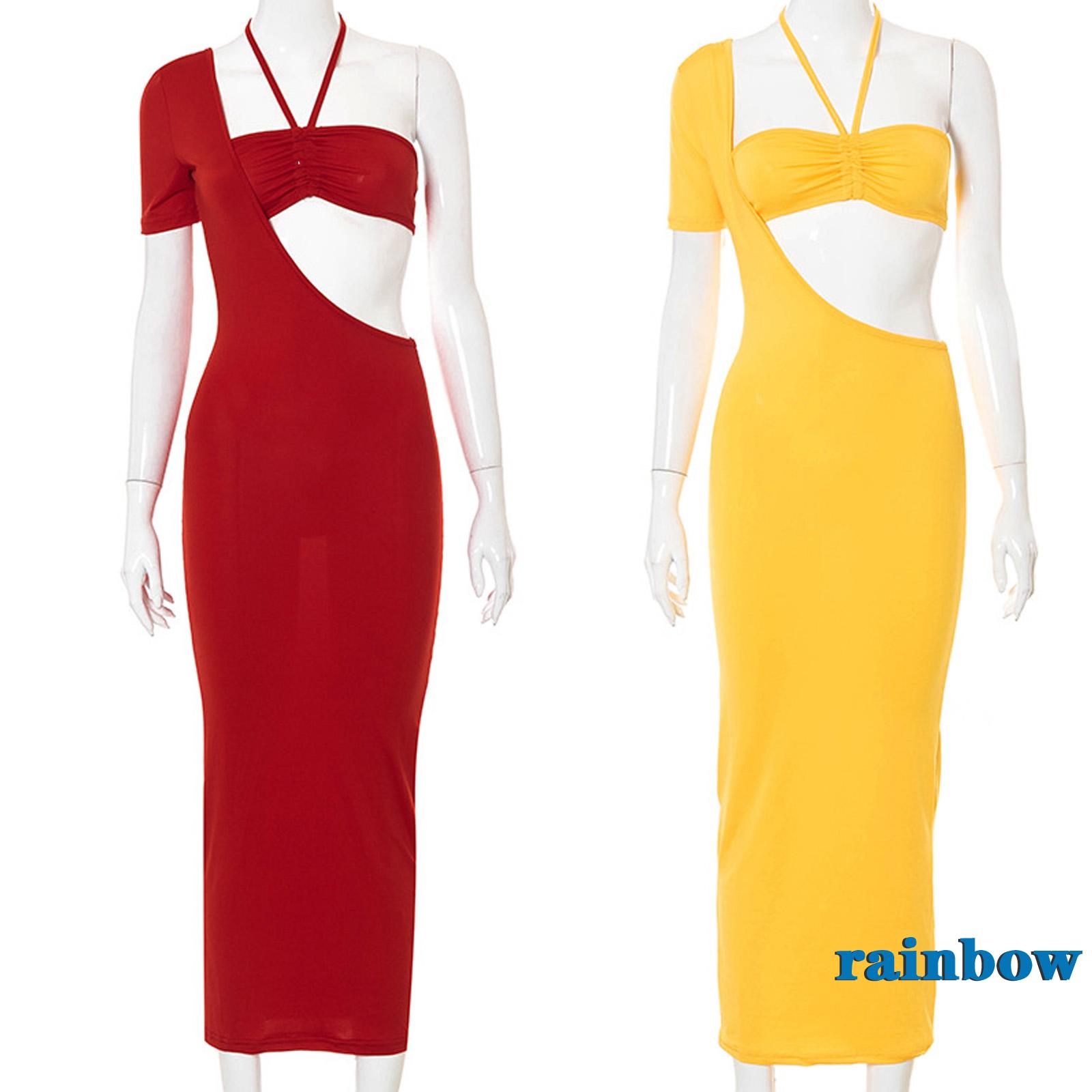 Đầm Maxi Nữ Ngắn Tay Cổ Tròn Khoét Lỗ Màu Cầu Vồng | BigBuy360 - bigbuy360.vn